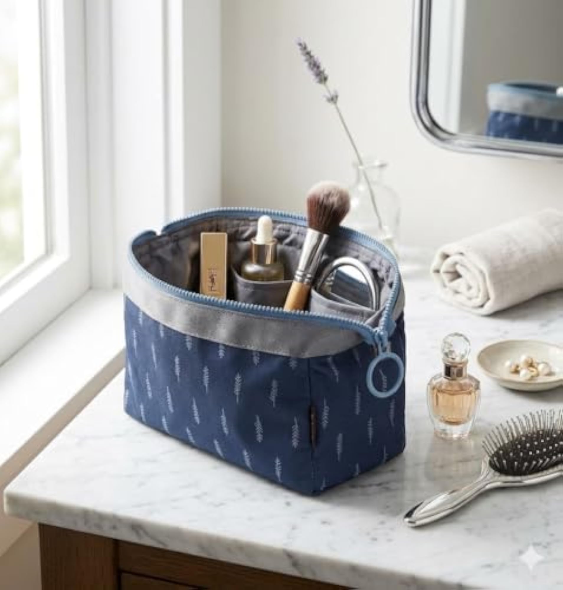 Nylon Cosmetic Toiletry Makeup Pouch, Blue Leaf